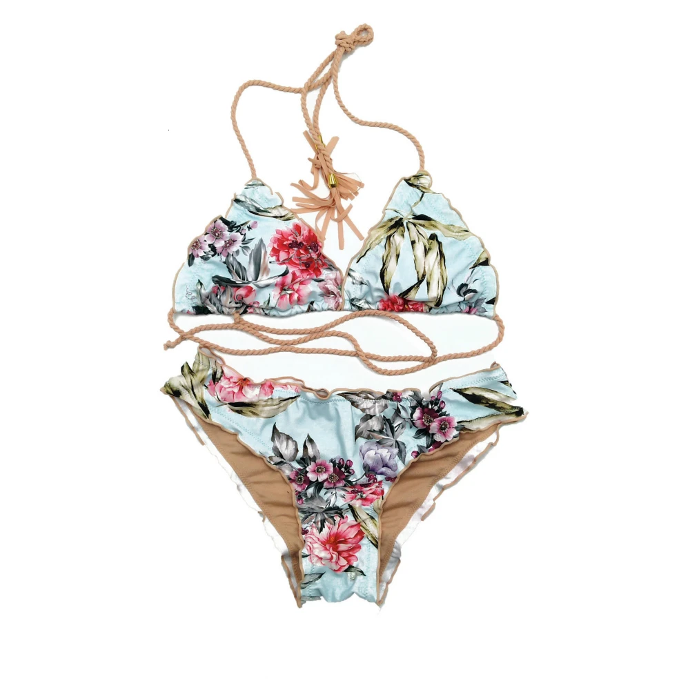 Thong Bandage Striped Halter Push Up Bikinis Women Drawnstring Swimwear Micro Bikini Sexy Ruffles Swimsuit Bathingsuit