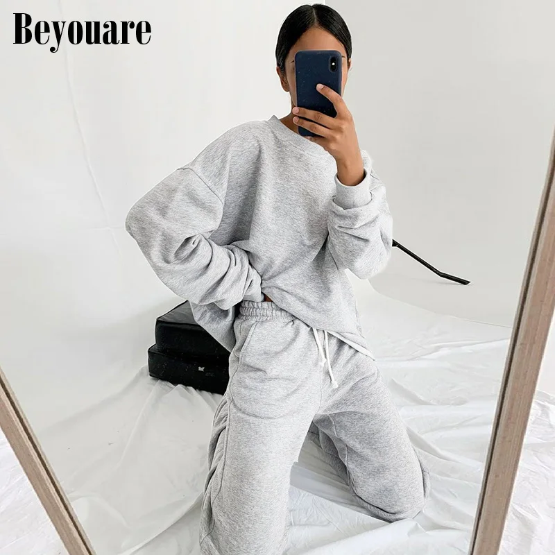 

Beyouare Autumn Women Cotton Sweatshirt O Neck Long Sleeve Solid Gray Leisure Basic Oversize Sweatshirt 2020 Fashion Casual Tops