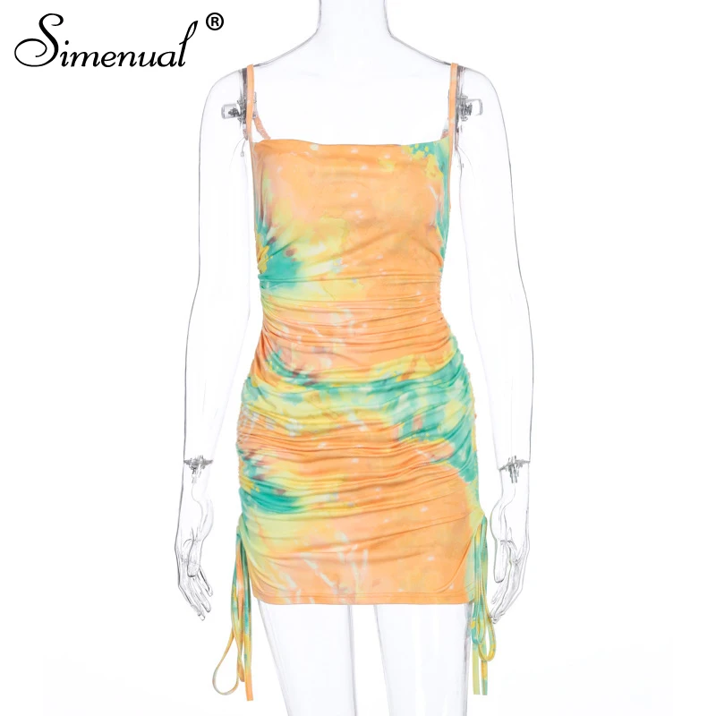 Simenual Tie Dye Drawstring Sexy Party Dresses Women Strap Bodycon Hot Skinny Clubwear 2020 Summer Ruched Fashion Mini Dress