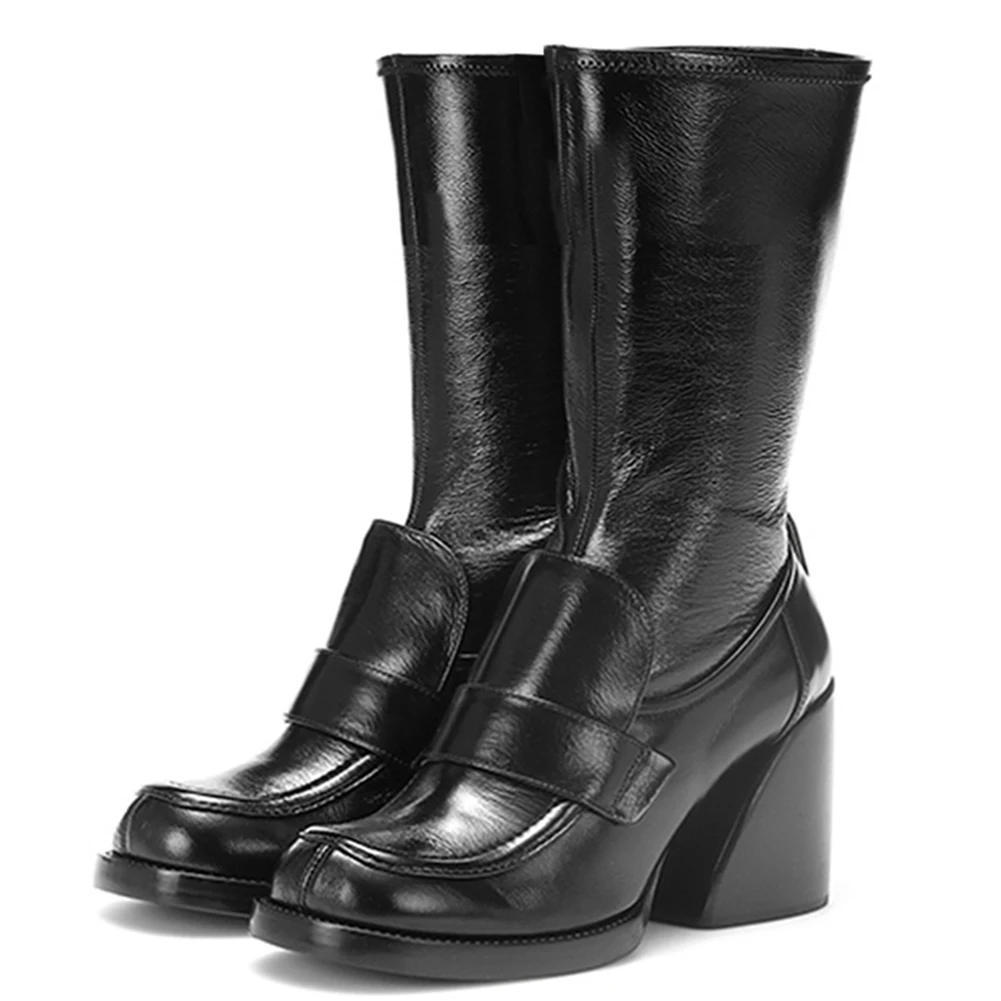 BONJOMARISA; Новинка; фирменный дизайн; ботинки до середины икры; женская обувь для подиума; растягивающиеся сапоги из натуральной кожи; женская обувь на высоком каблуке - Цвет: black short no fur