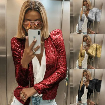 

Women Sequins Casual Blazer Suit Jacket Tops Outwear Slim Fit Long Sleeve Career Formal Long Coat