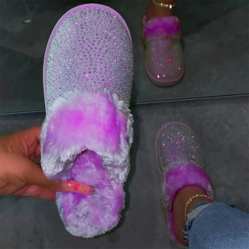 Fur Warm House Slippers Female 2020 New Fashion Womens Slippers Winter New Hedging Rhinestone Flat Home Slippers Big Size 3643