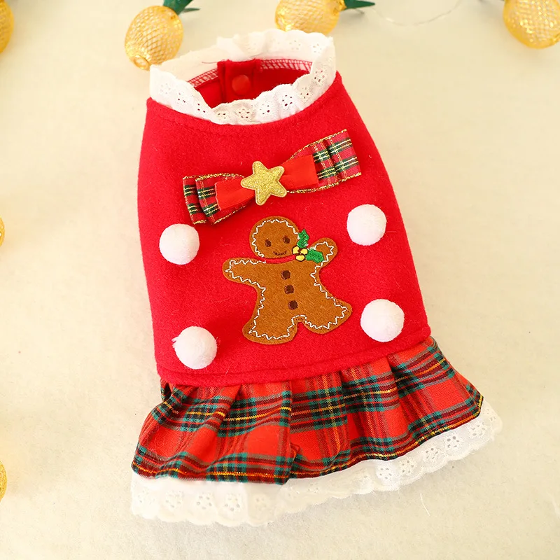 

Pet Dog Cat Autumn And Winter New Style New Year Christmas Dog Skirt Gingerbread Man Red Plaid Skirt Teddy Bichon Clothes