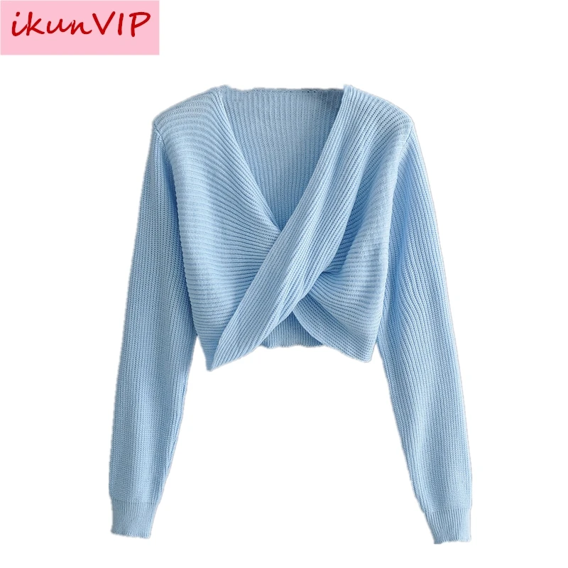 

Pull femme hiver sweaters Long Sleeve Solid Color V-neck Sexy Cross Knotted Panel sweater women plus size roupa feminina ZA