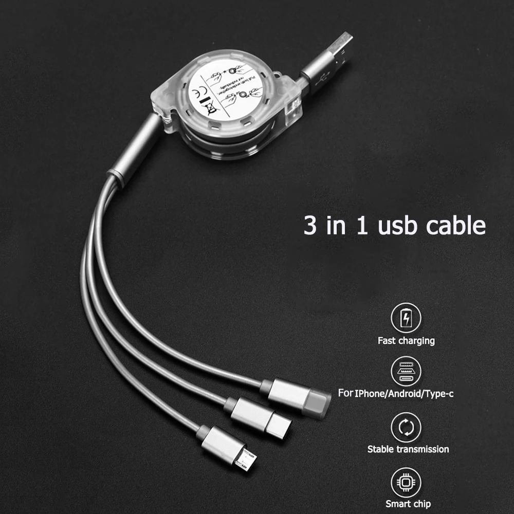 

3 in 1 USB Cable for Mobile Phone Micro USB Type C Charger Cable for iPhone XR XS Max X Huawei Fast Data Charging Cord