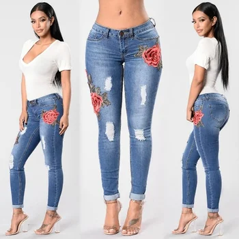

Women's Fashion Slim Fit Jeans Floral Distressed Denim Pants