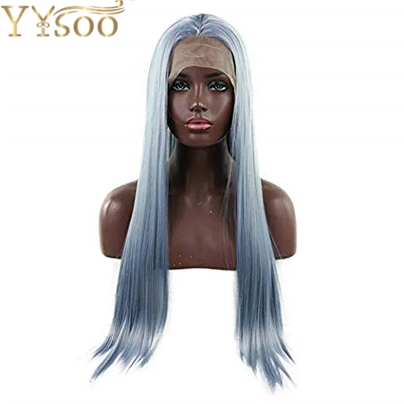 YYsoo, серый светильник, синий синтетический парик на кружеве для женщин, Длинные шелковистые прямые парики из натуральных волос - Цвет: Grey Blue