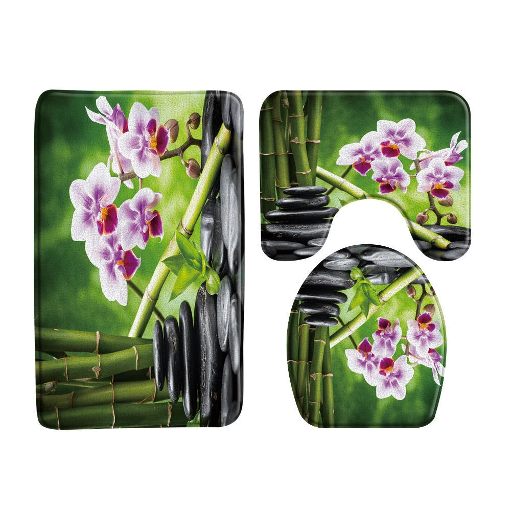 3Pcs Set Zen Black Stones Green Bamboo Orchid Bathroom Non Slip Bath
