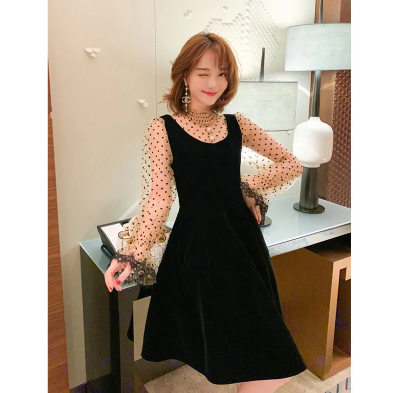 

Debutante Elegant Immortal of Bell Sleeve Polka Dot Gauze Joint Velvet Dress 2019 New Style Women's Europe And America