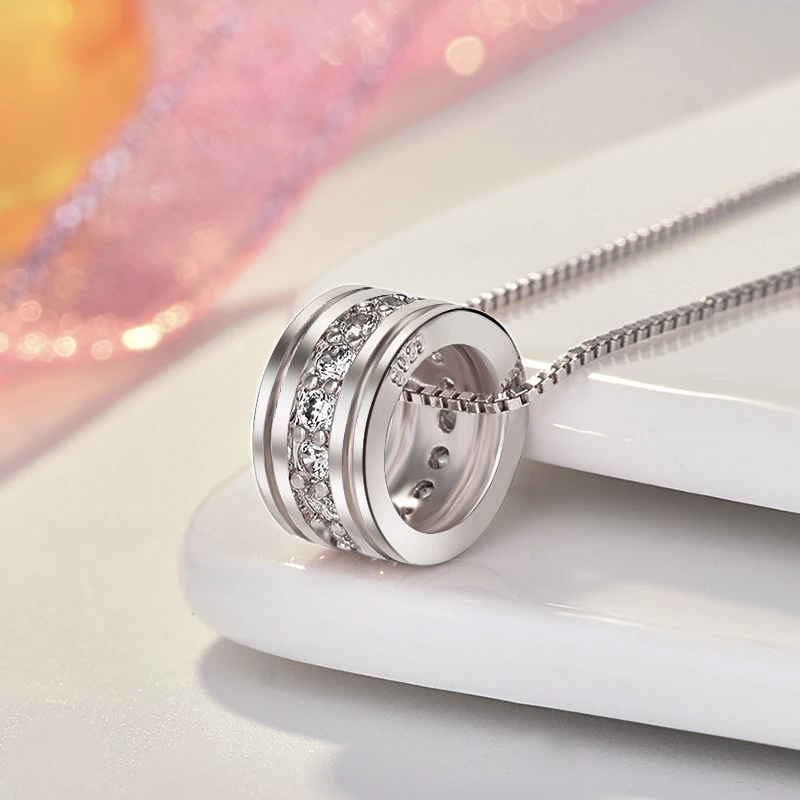 New Fashion 925 Sterling Silver Rotatable Round Zircon Pendants Neckalces&Choker Elegant Rhinestone Necklace Women Jewelry Gift