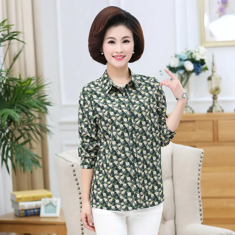 

Women Spring Casual Shirts Green Yellow Small Flower Pattern Print Turn Down Collar Long Sleeve Daily Top Middle Age Woman Wear