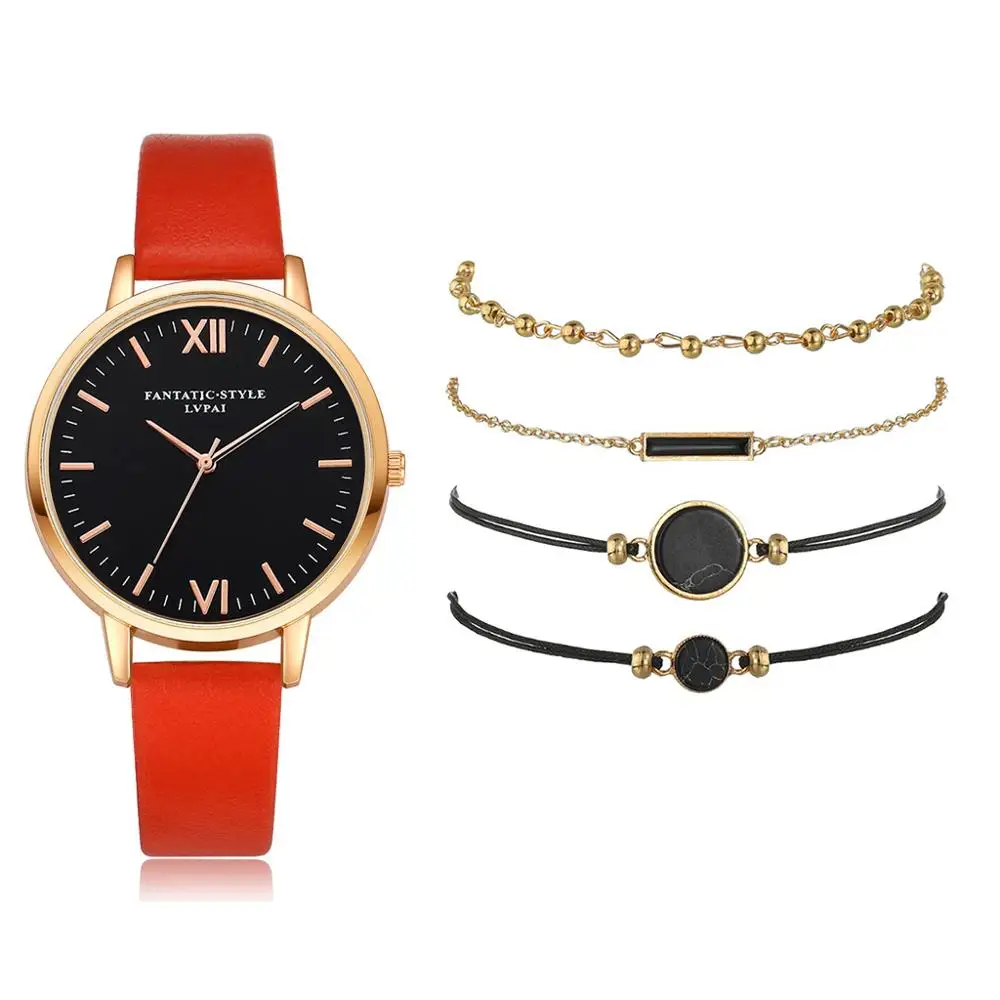 5pc/set Simple Style Leather Watches Women Fashion Watch Minimalist Ladies Casual Wrist Watch Female Quartz Clock Reloj Mujer - Цвет: Red 5pcs Set