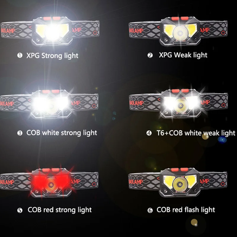 T20 светодиодный налобный фонарь индукционный USB Перезаряжаемый вспышка светильник люменов красный светильник головной светильник вес 6 режимов водонепроницаемый рыболовный C