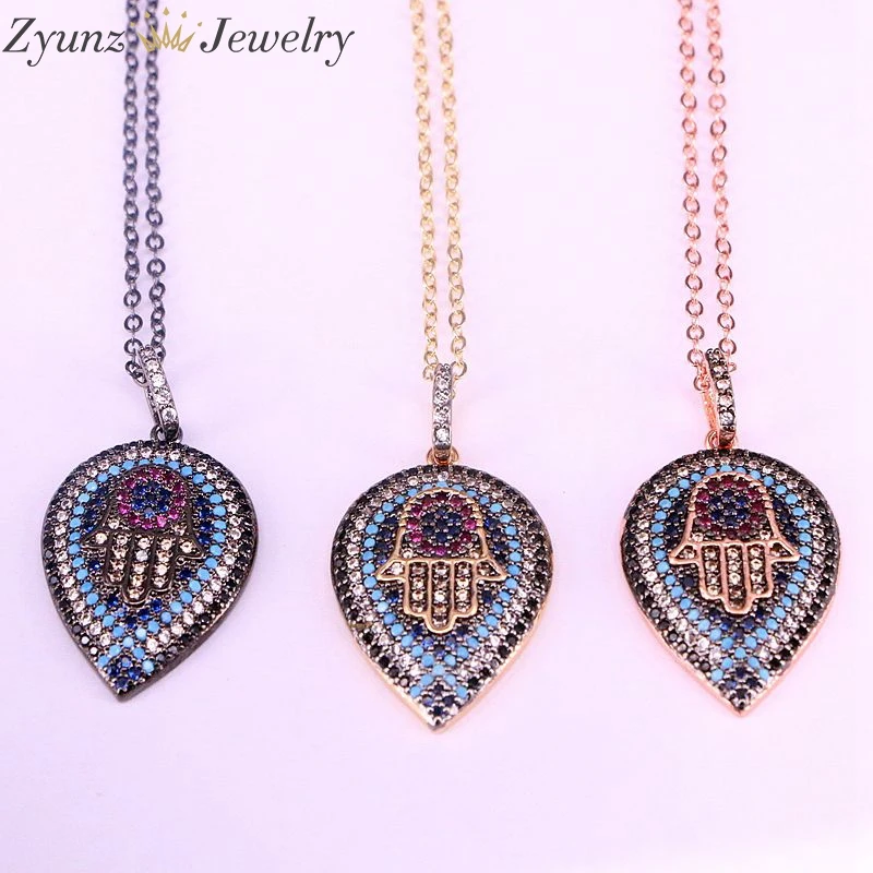 

5PCS, Rainbow Colorful CZ Micro pave hamsa hand and eye drop pendant necklace Charm Cubic Zirconia Pendant Statement Necklace