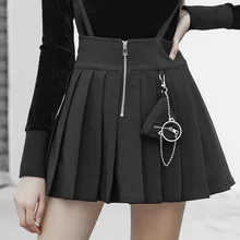 Панк RAVE Женская темно-черная плиссированная юбка облегающая шифоновая декоративная металлическая цепь с высокой талией