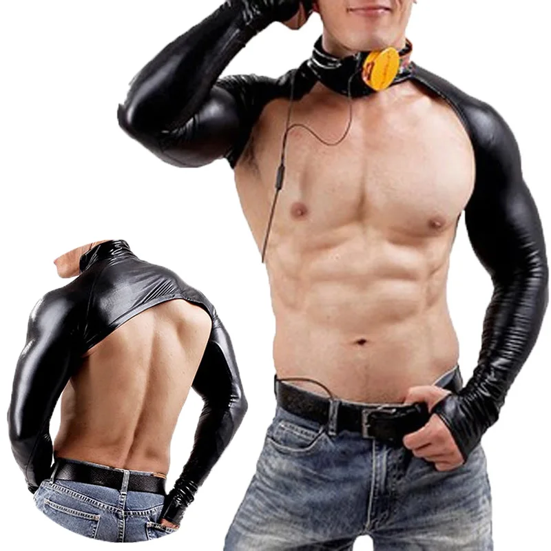 Мужской короткий топ из искусственной кожи с плечевым ремнем, сексуальный сценический костюм для бодибилдинга с длинным рукавом, экзотические майки XXL