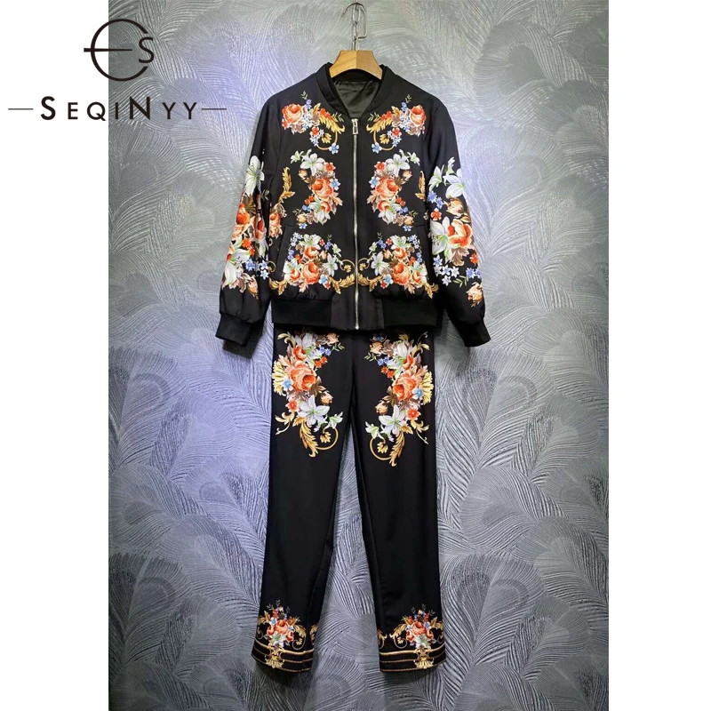 

SEQINYY Black Casual Set 2020 Spring Autumn New Fashion Design Women Runway Jacket + Pants Flower Vintage Print