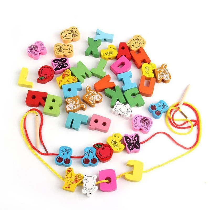 

60pcs Wooden Beads Animals Stringing Game Blocks Toys Heart-Shape Box Educational Mixed Digit Fruit Toy for Children Gifts