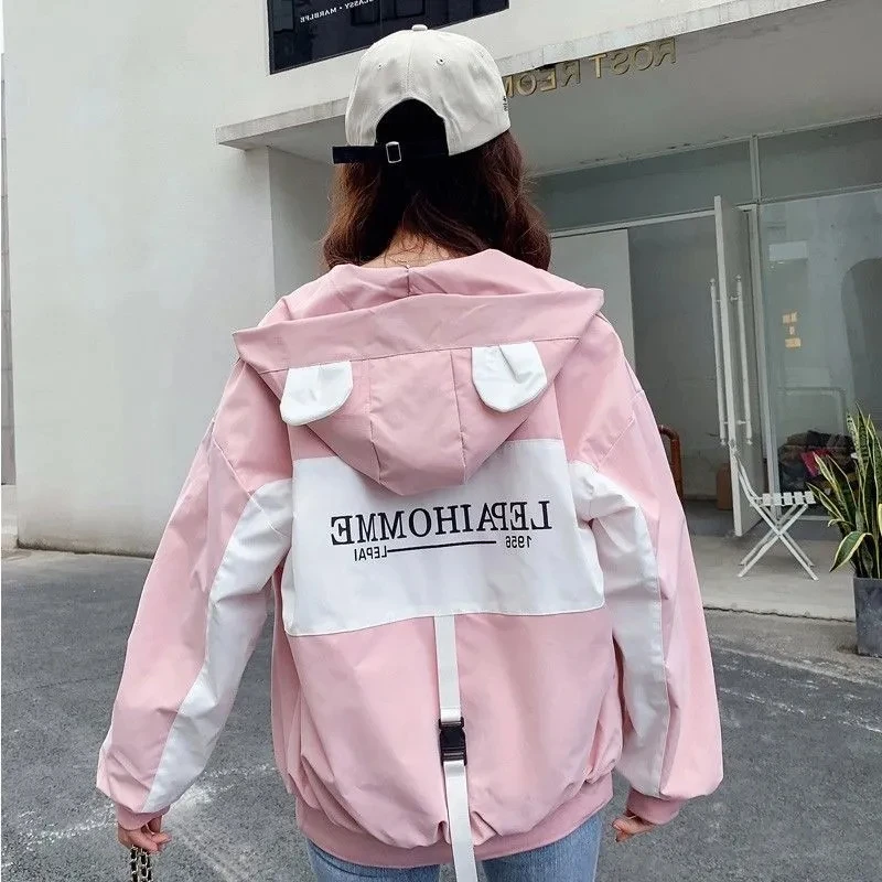 

2021 Spring Autumn New Baseball uniform Jacket Women Casual Loose Coats Rabbit ears Hooded Windbreakers Student Wild Jacket Coat