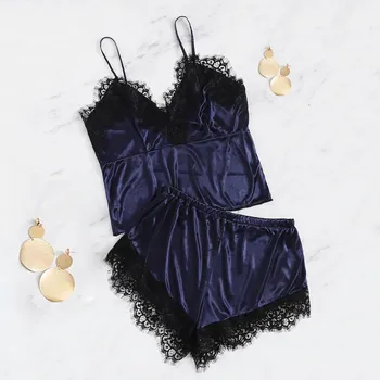 

sexy sleepwear lingerie пижама женская топ носки Women pajamas sleep tops Lace Trim Silk V-Neck Camisole Shorts Set Sleepwear