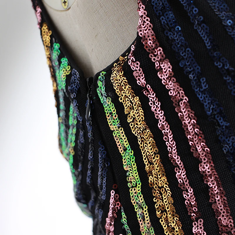 细节 (2).JPG TWOTWINSTYLE Patchwork Sequined Striped Party Dresses For Female V Neck Sleeveless High Waist Cascading Ruffle Womens Dress New