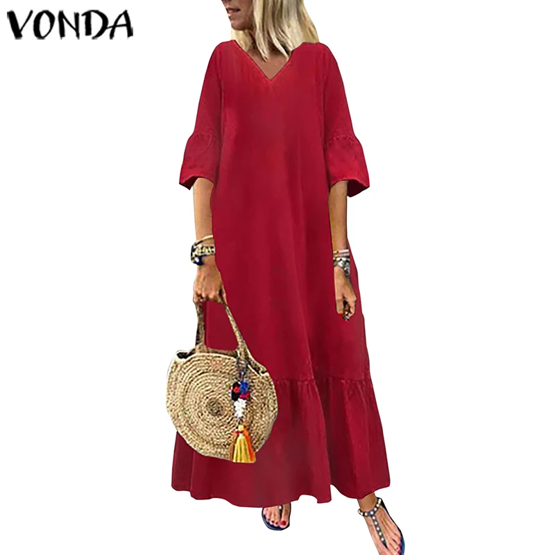 VONDA, женское осеннее длинное платье макси, модные женские туники с расклешенными рукавами, платье-рубашка, вечерние платья размера плюс, женское платье - Цвет: Красный