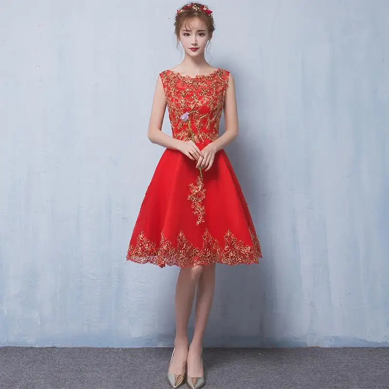 Red Womens O-Neck Sequin Short Party Dress Sexy Evening Banquet Elegant Prom Sleeveless Chinese Style Mesh Gown Vestido XS-3XL - Цвет: Красный