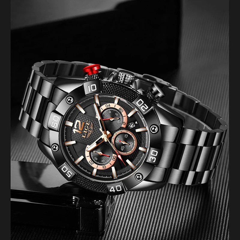 Часы наручные LIGE Мужские кварцевые брендовые Роскошные водонепроницаемые в