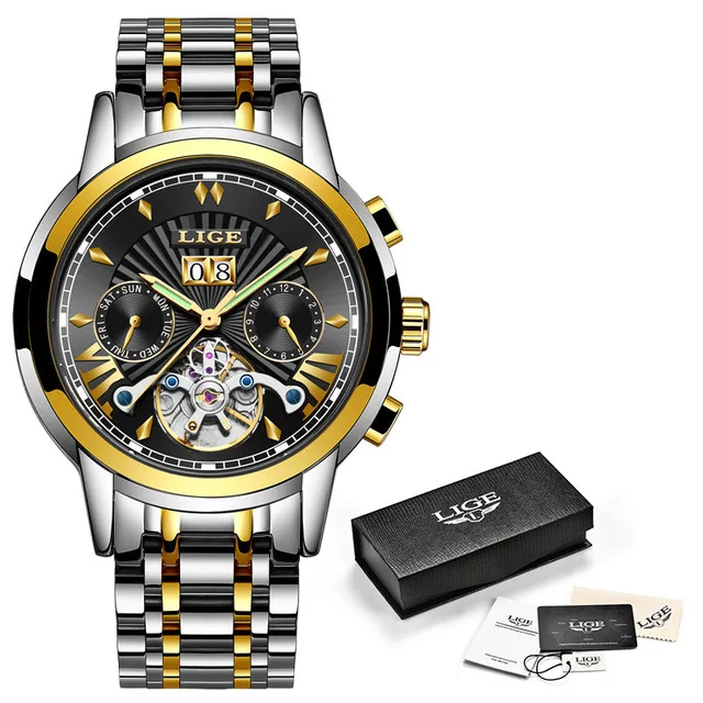 LIGE мужские часы, топ класса люкс, брендовые новые автоматические механические часы с турбийоном, мужские водонепроницаемые часы с каркасом, Montre Homme+ Box - Цвет: Rose gold black