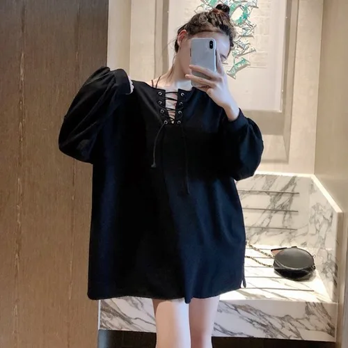Свитера с кружевом moda feminina с круглым вырезом и длинным рукавом, пуловеры и толстовки, простой Повседневный стиль, осенняя однотонная женская одежда - Цвет: Черный