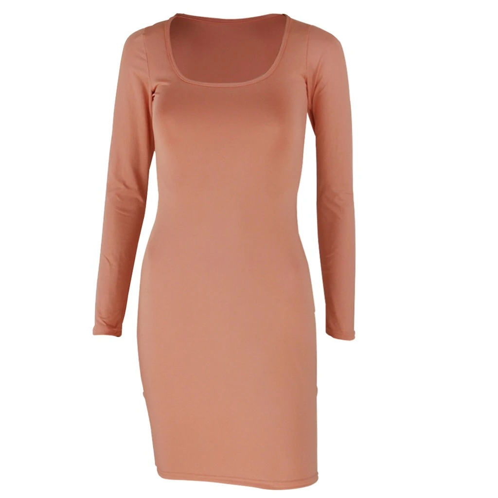 FREE OSTRICH Women Dress Women Square Collar Solid Color Sexy Long Sleeve Slim Bodycon Mini Dress Comfortable 725