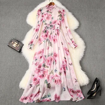 

Beaded Collar Stretch Waist Pink Rose Floral Printed X-Long Full Sleeve Girl Women Chiffon Dress Holiday Elegant Vestidos