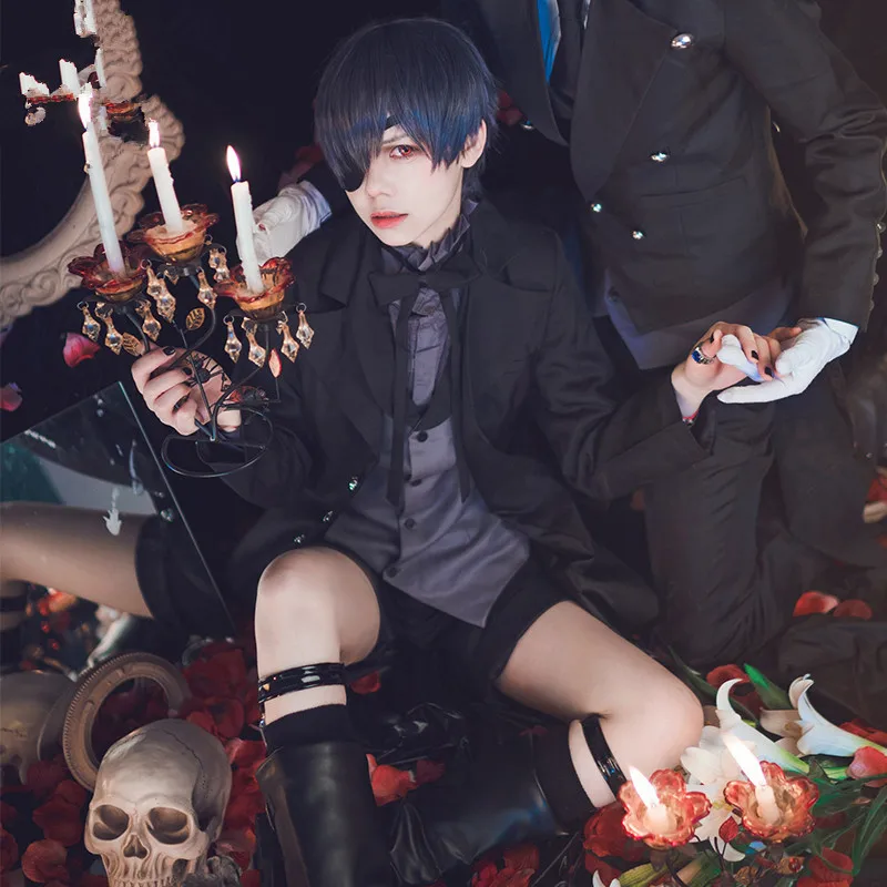 Аниме Kuroshitsuji Темный дворецкий, косплей костюм демона Ciel Phantomhive костюм для Хэллоуина вечеринки(пальто+ рубашка+ жилет+ брюки+ носки