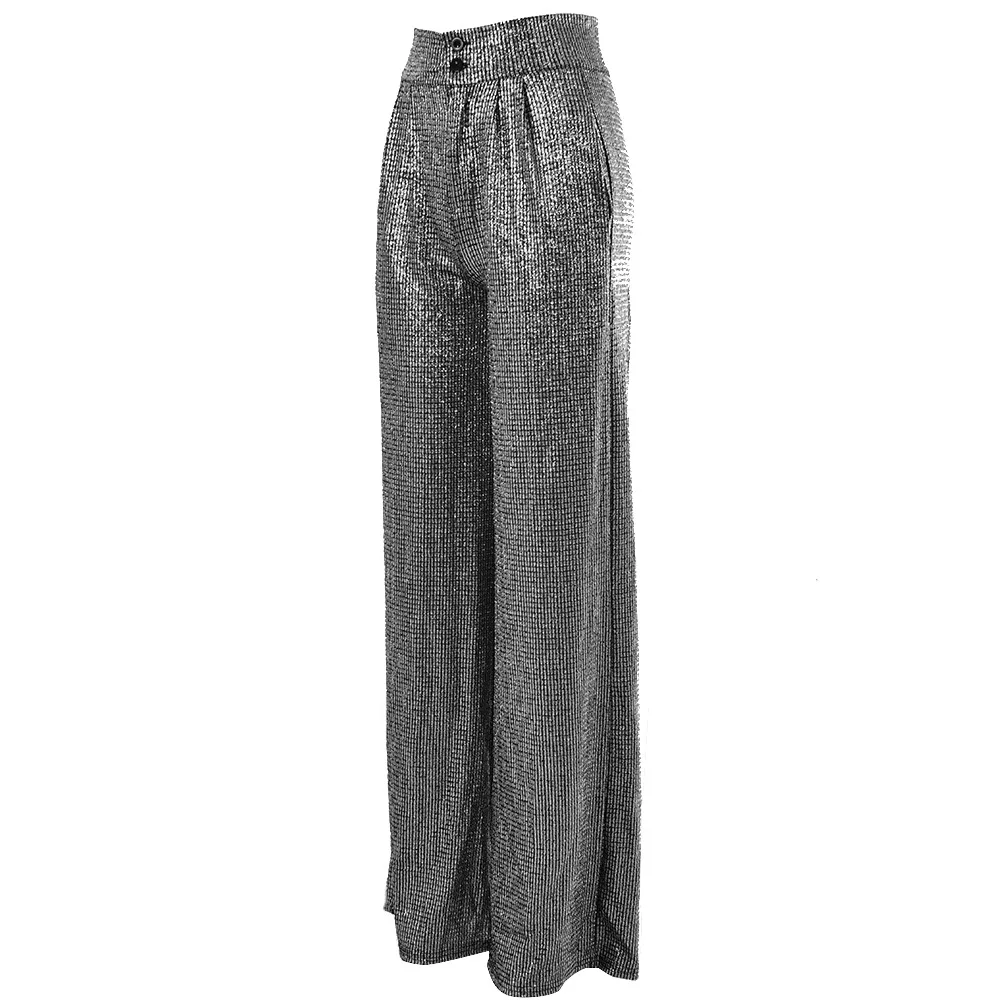 ArtSu Модные женские Серебристые брюки с высокой талией, украшенные блестками, для ночного клуба, вечерние, широкие брюки,, уличные брюки, Pantalon Femme