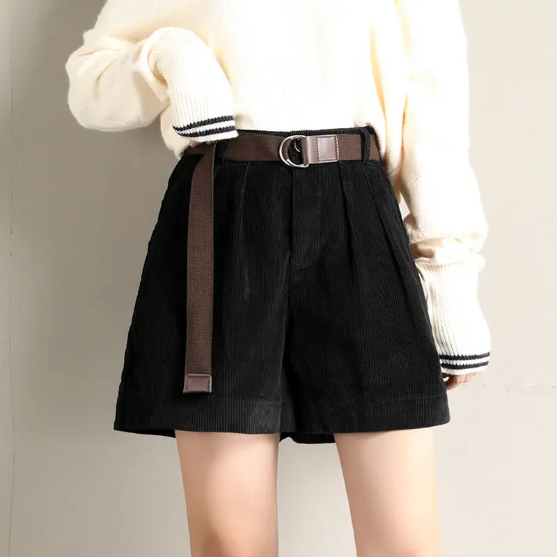black shorts Вельветовые шорты размера плюс 3XL, Женские винтажные свободные шорты, женские сексуальные шорты с высокой талией, вельветовые широкие женские шорты C6074 - Цвет: black shorts