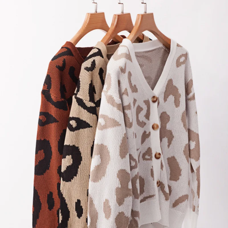 

Leopard Printed Knitted Sweaters Korean Style Women Long Sleeve Warm Cotton Single Breasted Cardigan Autumn Winter 2019 For Girl