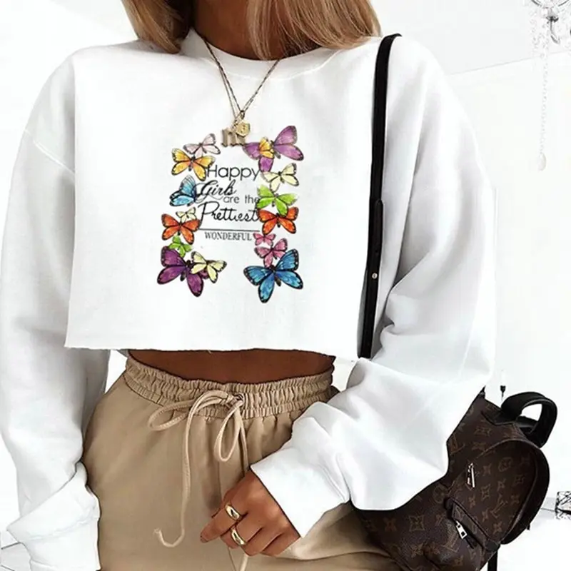 

2020 NEW Women Girl Autumn Winter Sweatshirt Butterfly Printed Crop Top Cotton Street Sweatshirts Harajuku Sweatshirt