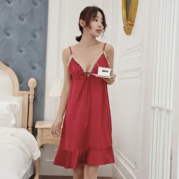 

Women Lingerie Sexy Night Dress Summer New Style Satin Chiffon Women's Nightgowns and Charming V-neck Lace Sleep Dress