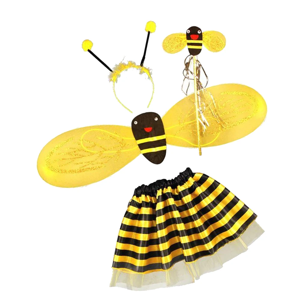 Bumble Bee Costume for Girls Kids, 4 Pieces Honeybee Fancy Dress Outfit - Fairy Wing, Headband, Wand, Tutu Skirt