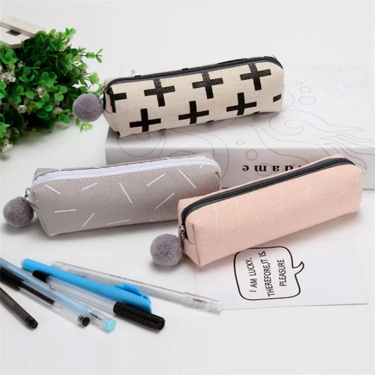 

Popular Pencil Case Square Furry Ball Canvas Student Men and Women Stationery Pack Furry Ball Pendant Pencil Bag