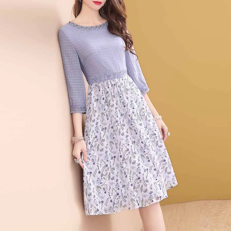 

Ozhouzhan Spring Clothing Blue Print Beads Three-quarter-length Sleeve Dress Women's Mid-length 2019 New Style Popular Skirt