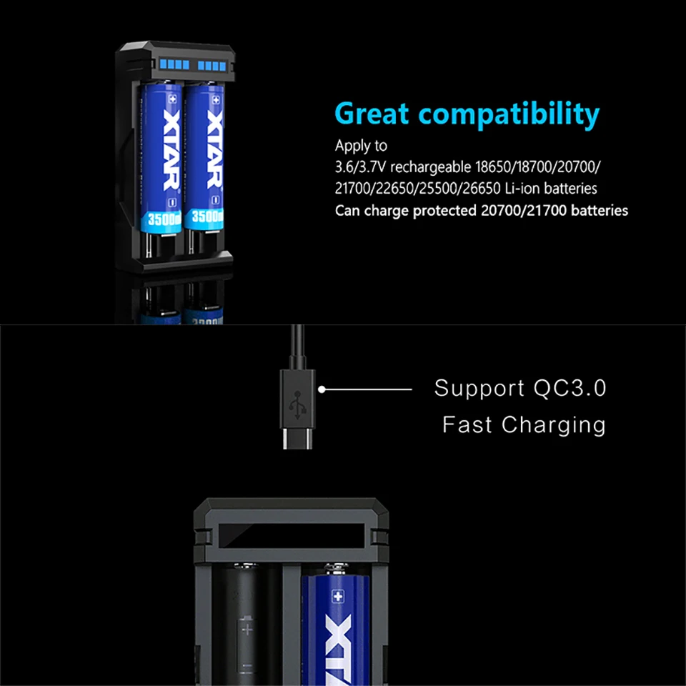 XTAR SC2 Батарея Зарядное устройство смарт быстрой зарядки с usb-портом, Зарядное устройство QC 3,0 быстрой зарядки литий-ионный аккумулятор Батарея 26650 25500 22650 21700 20700 18650 Зарядное устройство