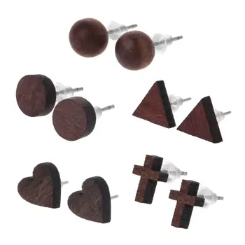 

Geometric Round Ball Heart Cross Tiny Natural Wood Stud Earrings Fashion Jewelry For Women