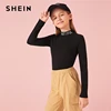 SHEIN Kiddie Stand Collar Letter Print Form Fitted Casual T-Shirt Kids Top 2019 Autumn Long Sleeve Skinny Children Tees 1