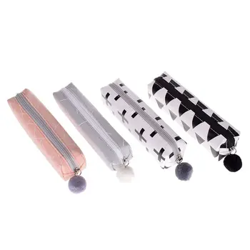 

1PCS New Concise Solid Color Girls Student Pencil Case School Supplies Cosmetic Bags Plush Ball Zipper Pencil Bag