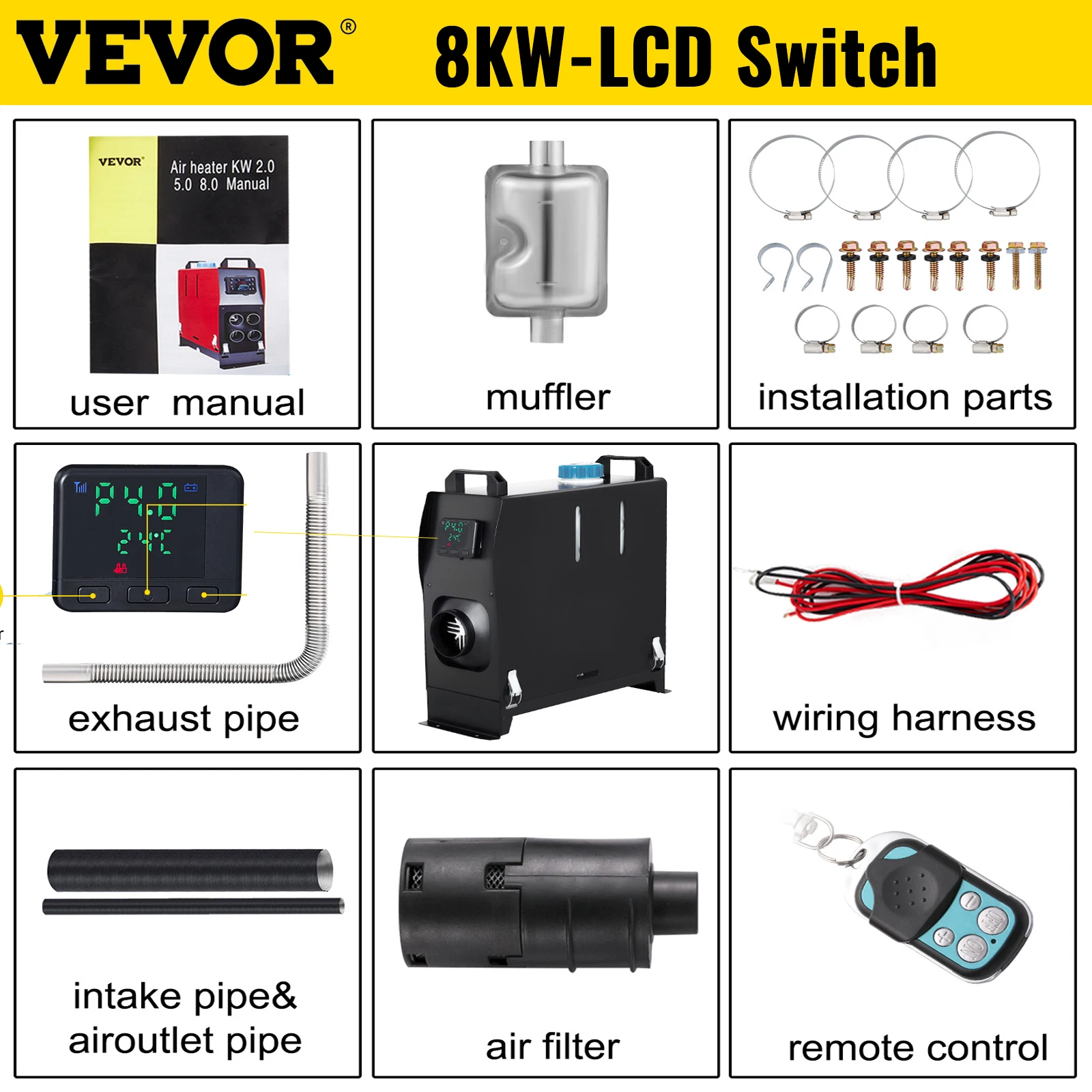 VEVOR Chauffage de Voiture deair diesel 12v 5kw Rechauffeur de voiture  deair (Avec ecran LCD bleu & 1 sortie deair) Prechauffage du moteur de la  voit