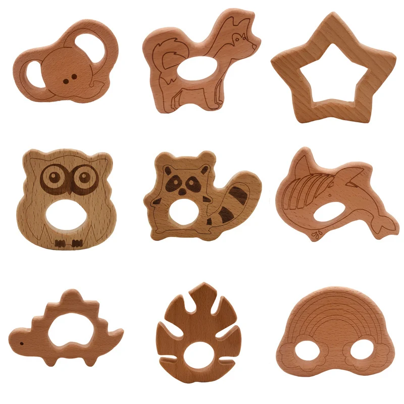 

Hot Sales Baby Food Grade Wooden Teether Cartoon Animal Dog Elephant Shape Baby Nursing Teethers Safe Newborn Teething Toys Gift