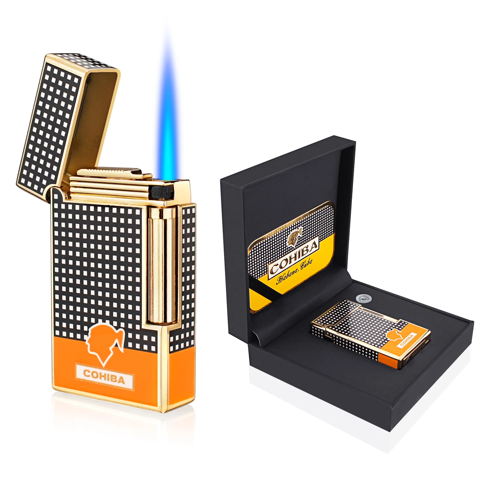 Tasa de descuento COHIBA-encendedor de cigarrillos portátil, 1 soplete de llama tipo soplete, con punzón, herramienta para fumar, accesorios para cigarros, caja de regalo qxQKMDqd7gJ