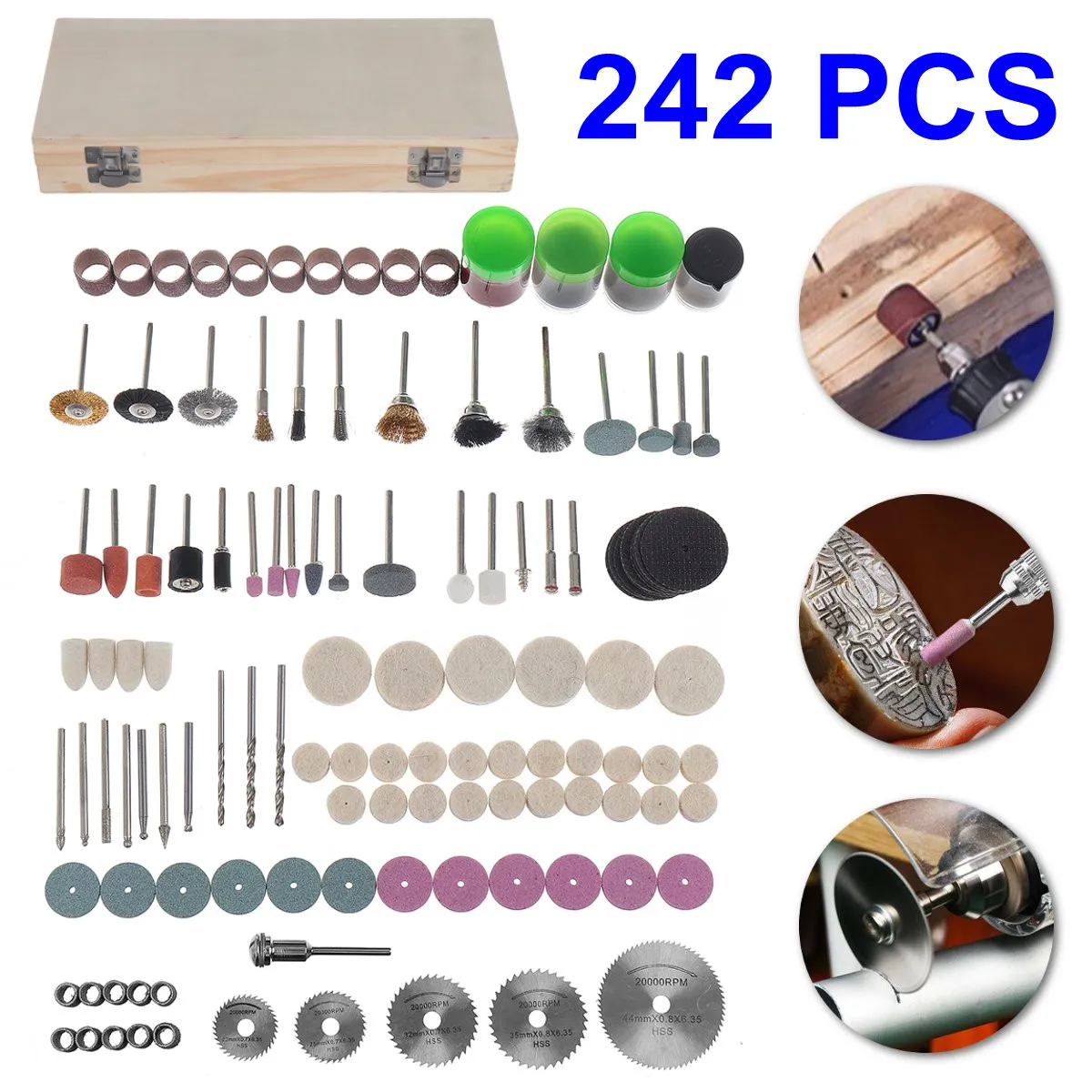 

Rotary Tool Bit Kit Grinding Polishing Cutting Sanding Grinder Tools Electric Mini Drill Accessory Set Wooden Boxes Kit 242 Pcs