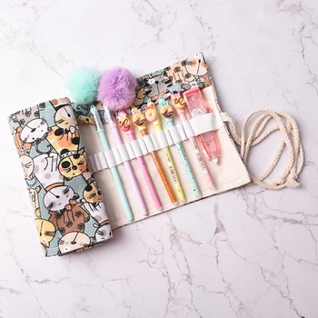 

36/48/72 Vintage Cartoon Cats School Pencil Case Escolar Estuche Box Stationery Canvas Pen Roll Up Bag Curtain Pencils Cases